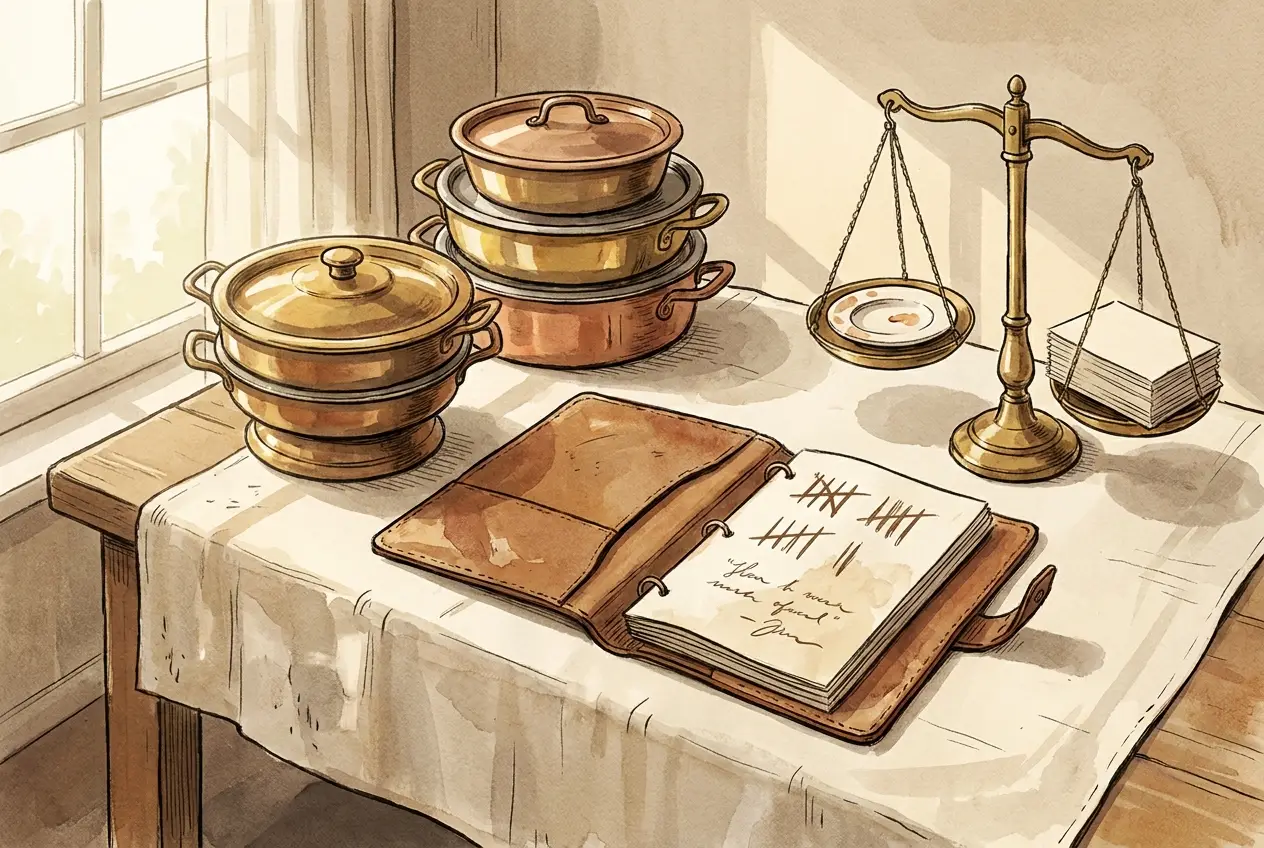 Editorial illustration of a catering kitchen prep table with stacked chafer dishes, a leather portfolio open showing a hand-drawn quote sketch, a brass scale weighing a plate model on one side and a stack of cards on the other.