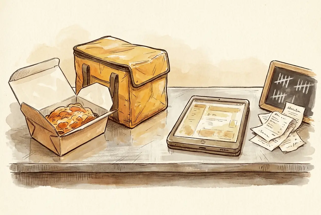 Editorial illustration of a restaurant kitchen pass with three takeout bags labeled with platform stickers, an open ledger showing per-order cost lines, a vintage adding machine, and a bar towel folded on the corner.