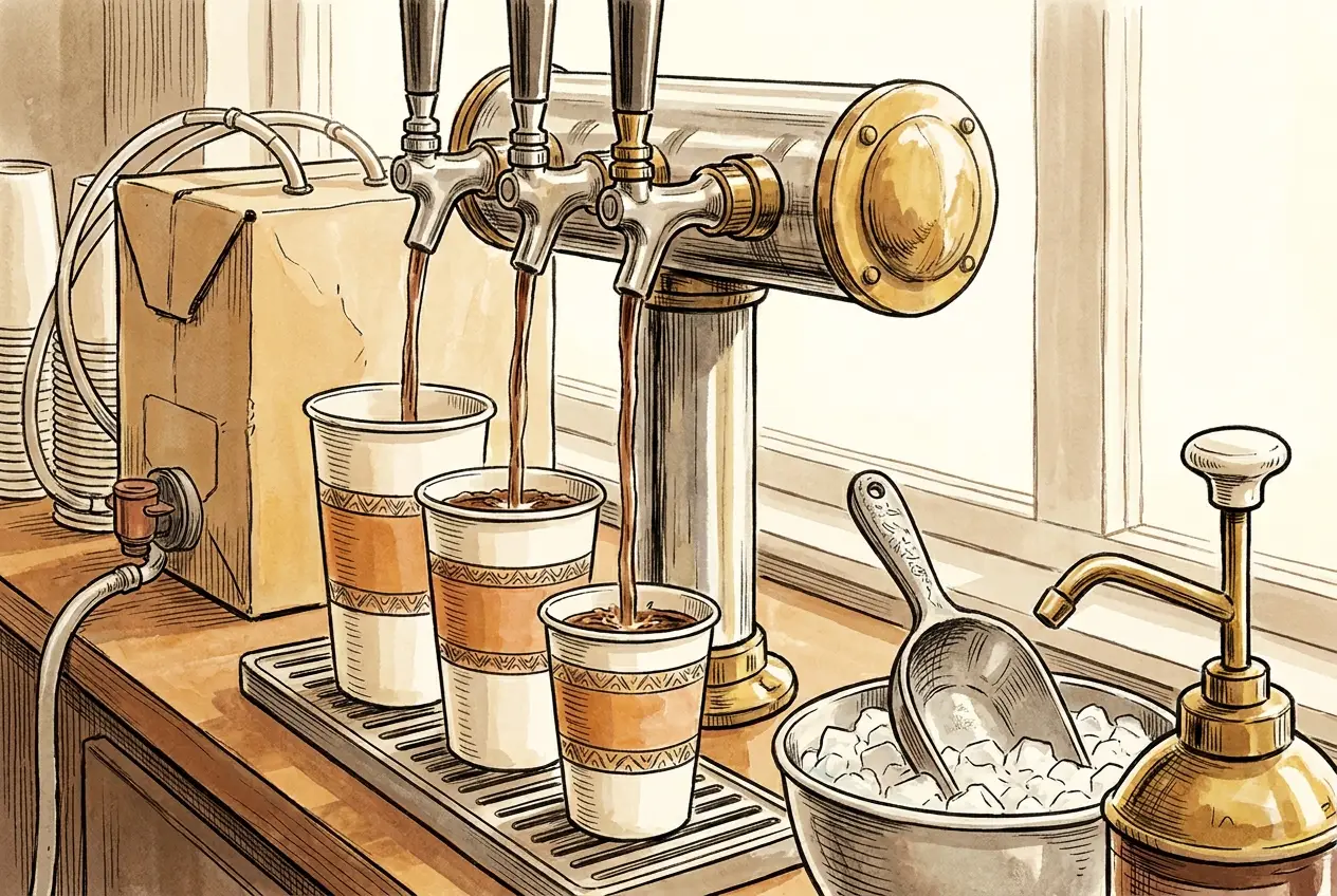 Editorial illustration of a stainless soda fountain dispenser on a vintage diner counter, frosted plastic cup with ice and dark cola, condensation on the side, a cardboard bag-in-box reading 'syrup' tucked under the counter.