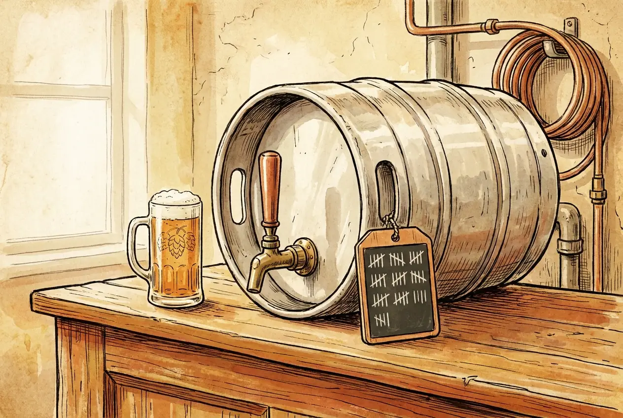 Editorial illustration of a stainless half-barrel beer keg on a worn wooden bar with brass tap handle, etched pint glass with foam, copper tubing behind, and a small chalkboard with hand-drawn tally marks.