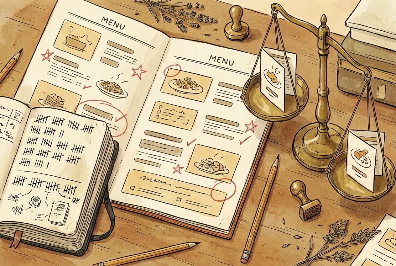 Editorial illustration of a restaurant menu being marked up at a back-of-house desk with a vintage red pencil drawing star and check marks, brass scale weighing two plate cards, worn moleskine notebook with hand-drawn tally marks.