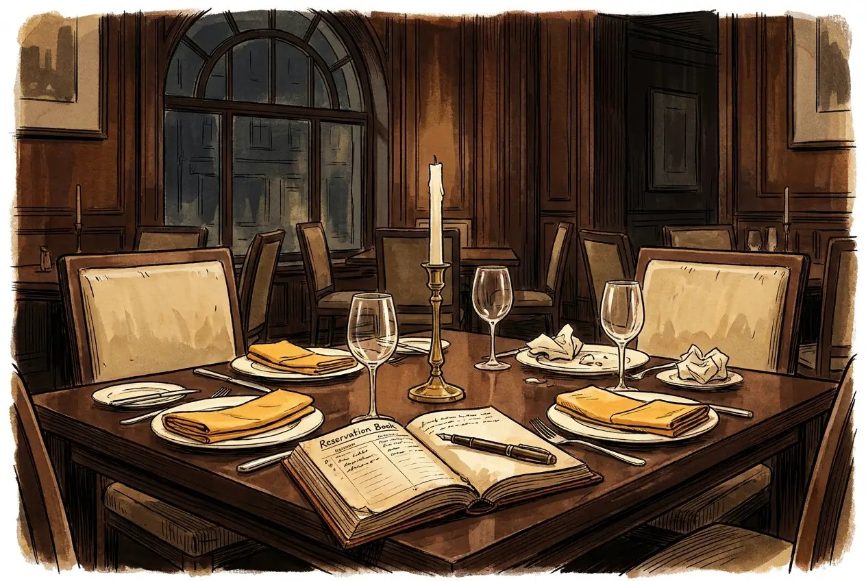 Editorial illustration of an empty fine-dining table set for four after closing, two place settings still untouched, leather reservation book open with a pen resting on it, single unlit candle, dim shadowed dining room behind.
