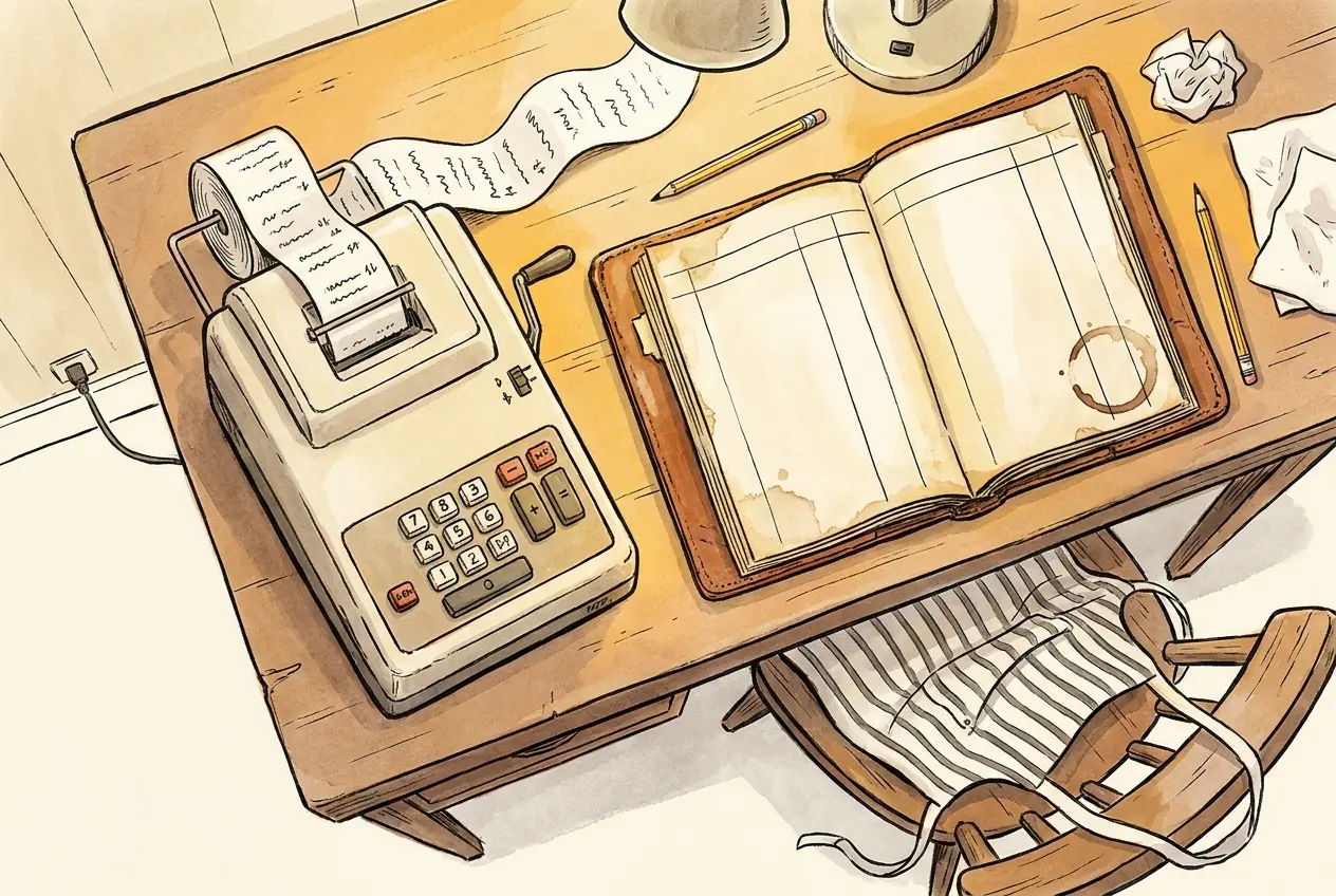 Editorial illustration of a restaurant office desk after service, vintage adding machine with paper tape, open leather P&L ledger, chef's apron, coffee ring on the corner of the page.