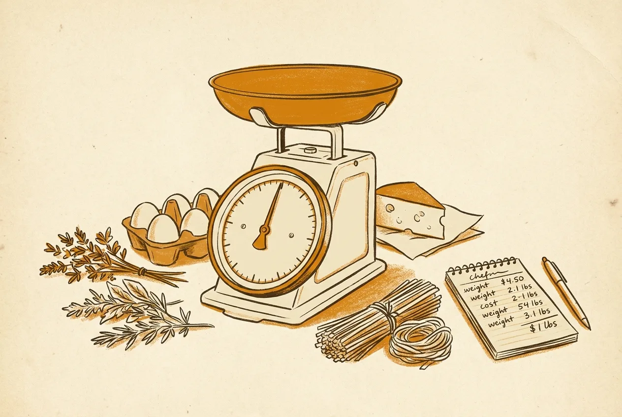 Editorial illustration of fresh ingredients arranged on butcher paper around a vintage kitchen scale: herbs, eggs, dried pasta, and a wedge of cheese with a chef's notepad nearby.