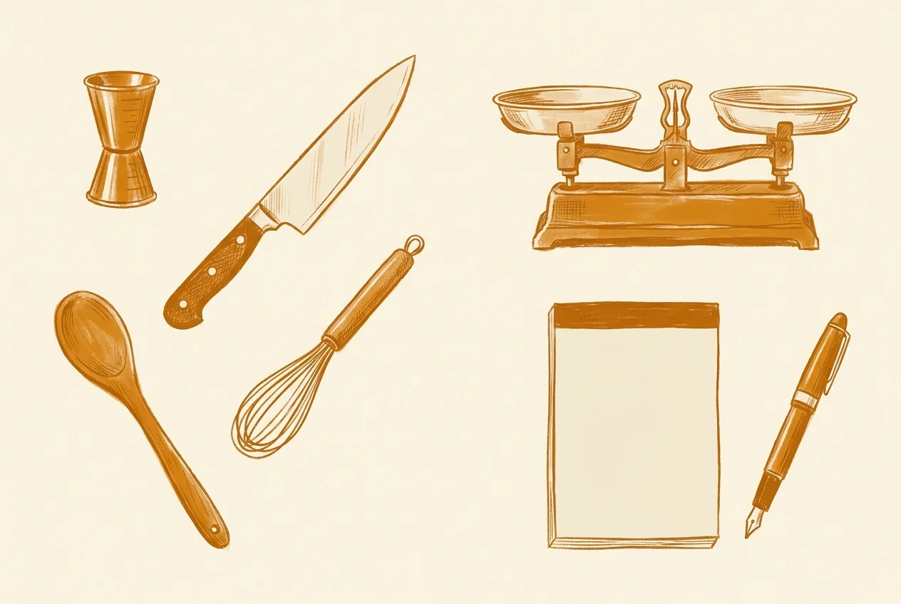 Editorial flat-lay illustration of bar tools and kitchen utensils — measuring jigger, chef's knife, wooden spoon, whisk, scale, notepad, fountain pen — in saffron and cream tones.